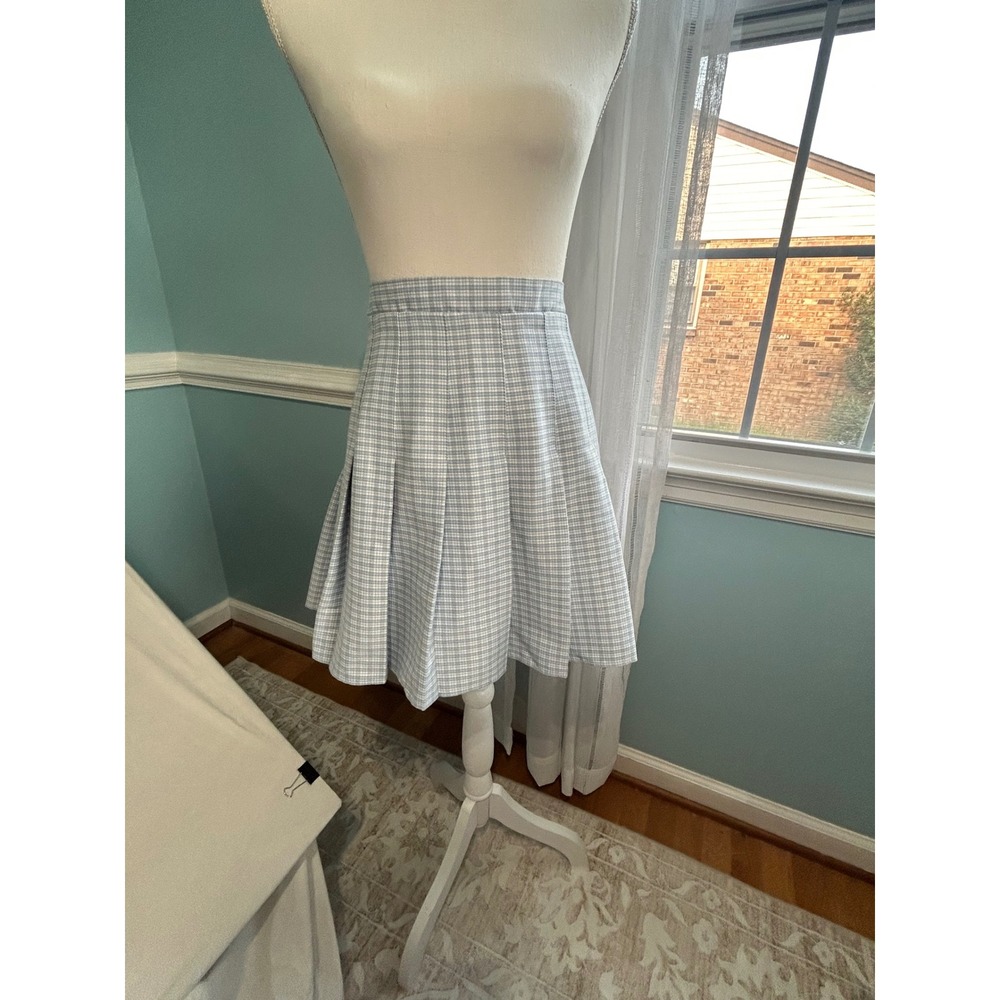Rewind Light Blue White Plaid Pleated Mini Skirt Preppy Schoolgirl XL - Picture 6 of 7